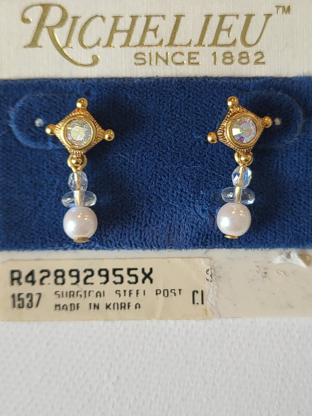 Vintage Richelieu Gold Pearl Drop Earrings AB Stones